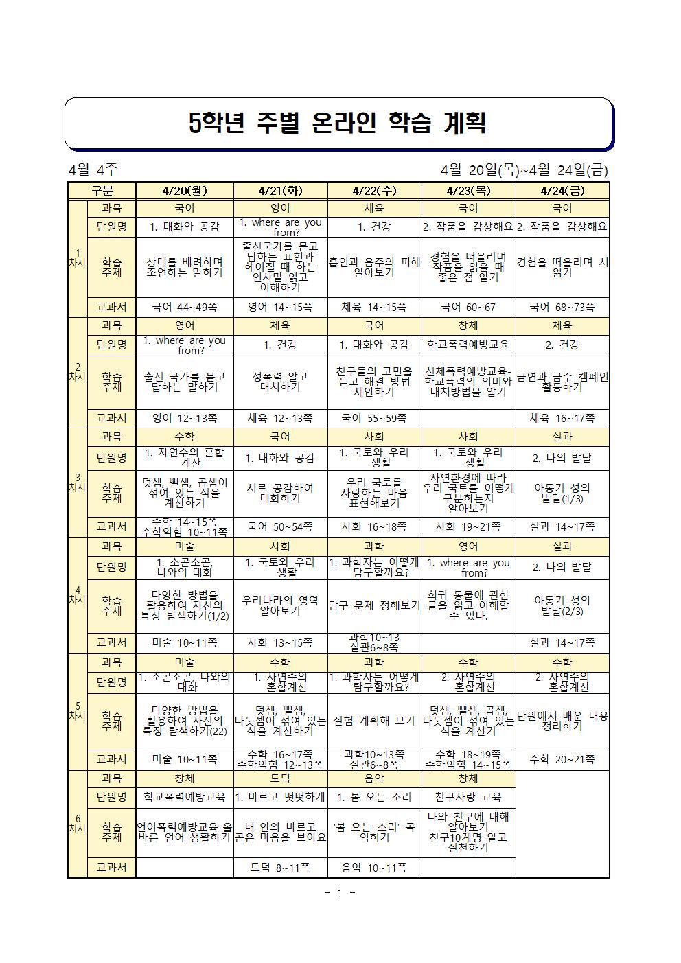 주별 온라인 학습 계획(5학년)_4월20일-4월24일(양식 수정)001