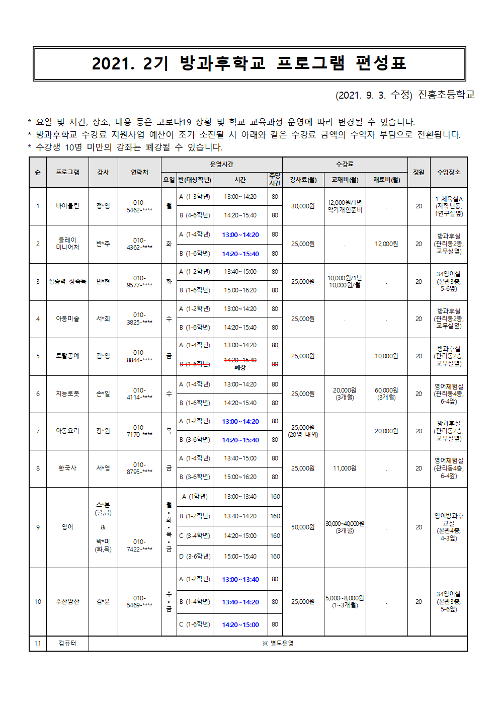 2021. 2기 방과후학교 운영 내용 수정표(9.3)